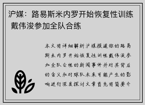 沪媒：路易斯米内罗开始恢复性训练 戴伟浚参加全队合练