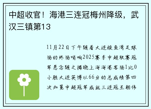 中超收官！海港三连冠梅州降级，武汉三镇第13